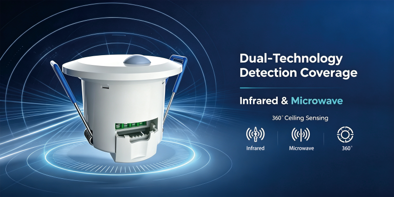 PD-PRW26D adalah sensor gerak yang dipasang di langit-langit yang menggabungkan teknologi penginderaan gelombang mikro dan inframerah dalam satu unit.